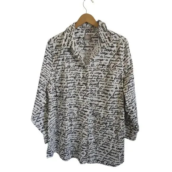 Chico’s Script Print Blouse Black White Button Front Lightweight Top 2/Large - Picture 2 of 5